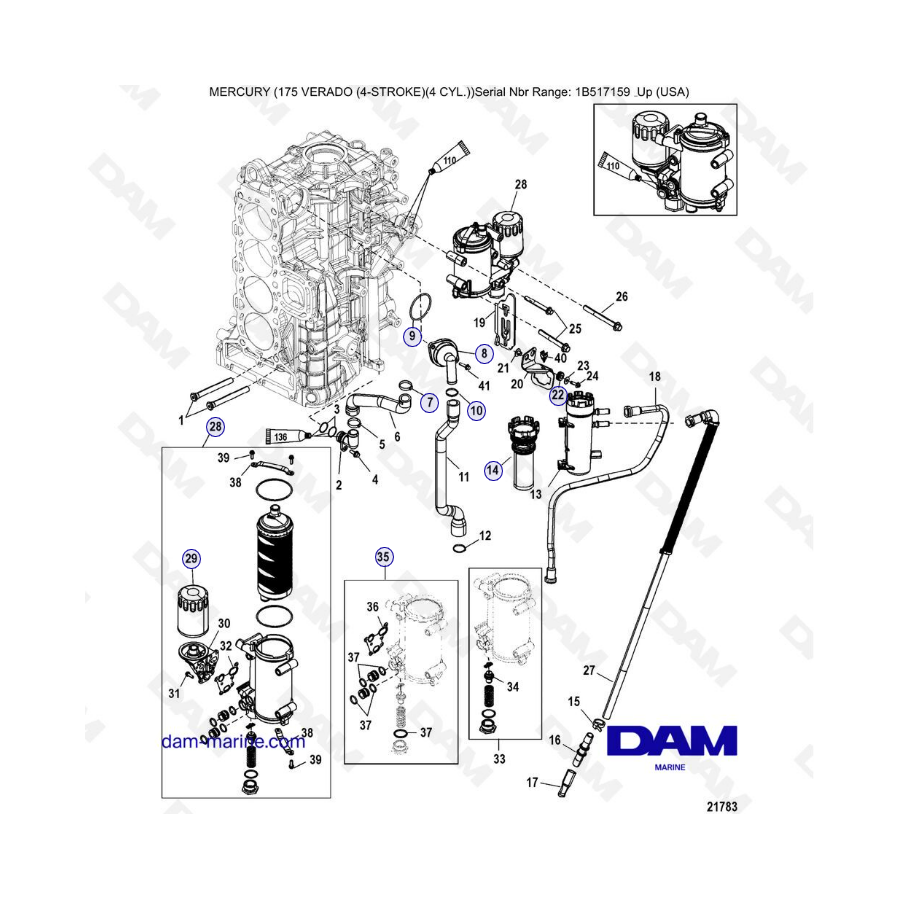 Mercury Verado 175 (1B517159 & ) - Starboard cylinder block / Oil cooler (1B830999 & -)