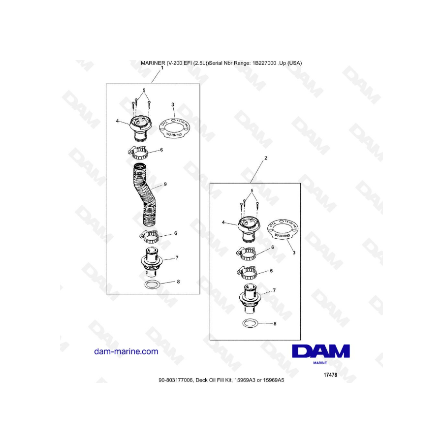 Mercury Mariner V-200 EFI (2.5L) - Deck Oil Fill Kit, 15969A3 or 15969A5 Mercury Mariner V-200 EFI (2.5L) - Deck Oil Fill Kit, 15969A3 or 15969A5