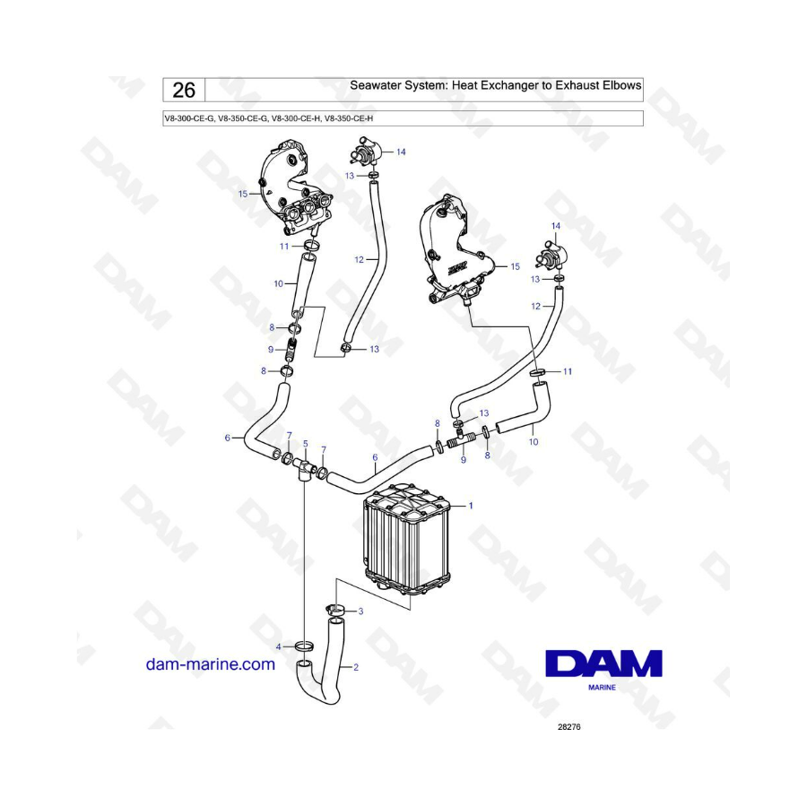 Volvo Penta V8-300 - Seawater system : heat exchanger to exhaust elbows Volvo Penta V8-300 - Seawater system : heat exchanger to exhaust elbows
