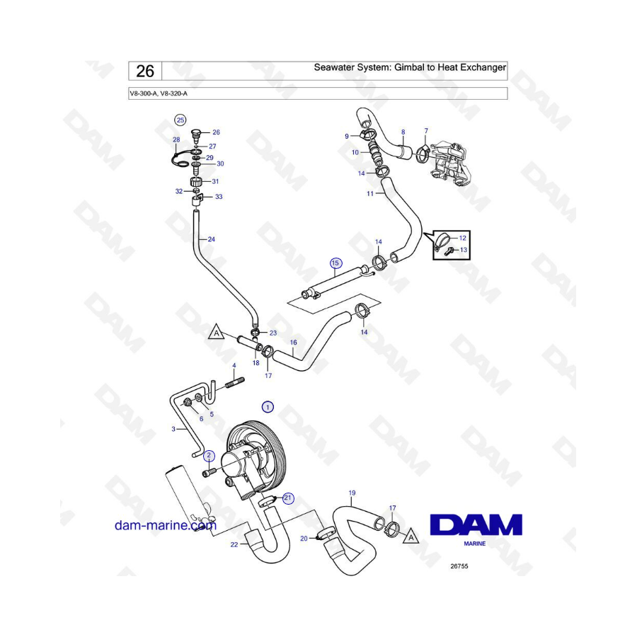 Volvo Penta V8-320 - Seawater system: gimbal to heat exchanger