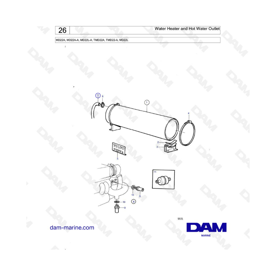 Volvo Penta MD22A / MD22A-A / MD22L-A / TMD22A / TMD22-A / MD22L - Water heater & hot water outlet