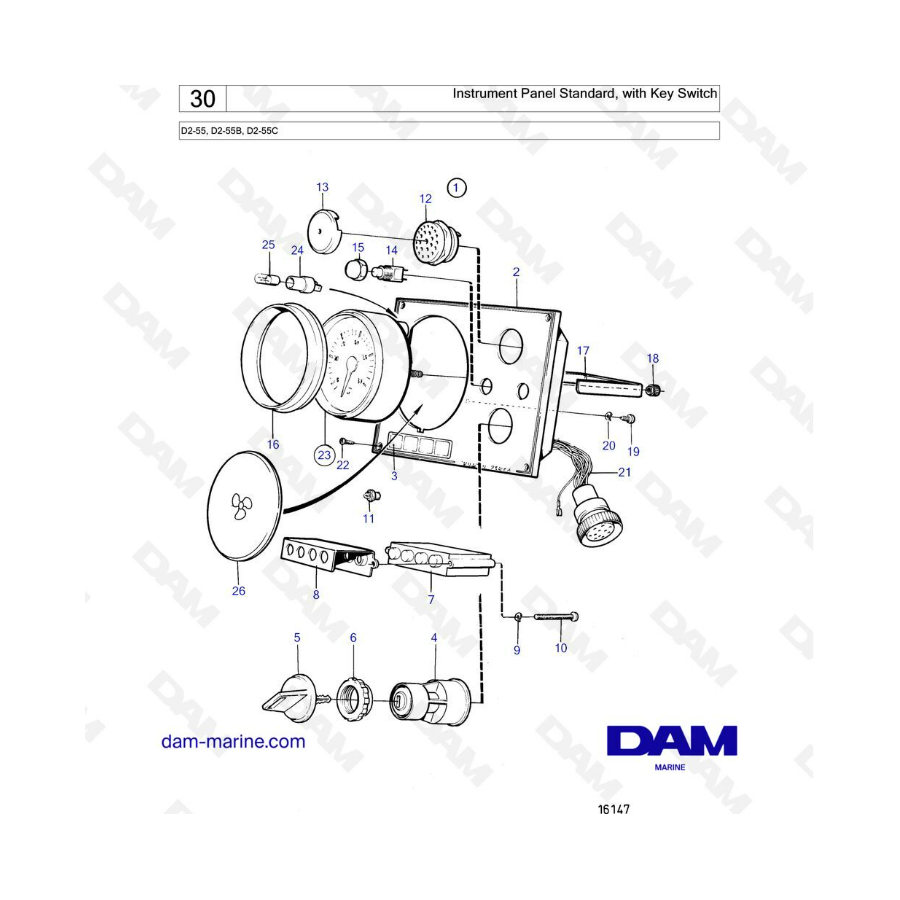 Volvo Penta D2-55 / D2-55B / D2-55C - Instrument panel standard, with key switch