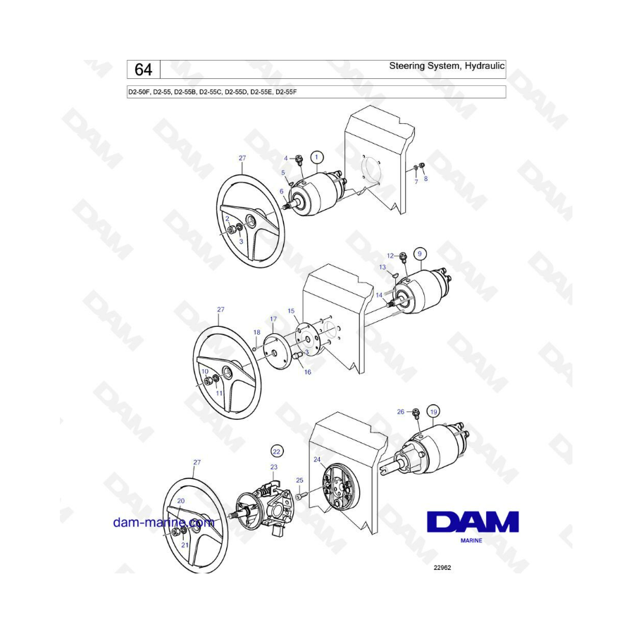 Volvo Penta D2-55 / D2-55B / D2-55C / D2-55D / D2-55E / D2-55F - Steering system, hydraulic Volvo Penta D2-55 / D2-55B / D2-55C / D2-55D / D2-55E / D2-55F - Steering system, hydraulic