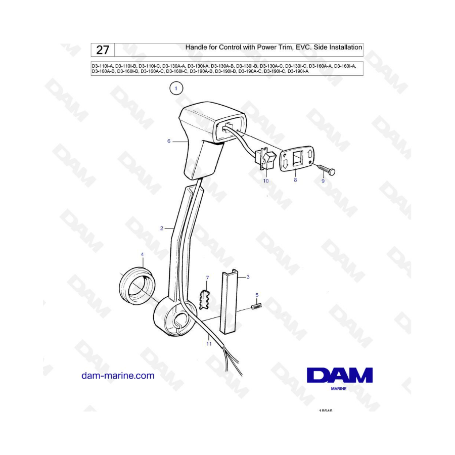 Volvo Penta D3-110 / D3-130 / D3-160 / D3-190 - Handle for control with power trim, EVC, Side installation Volvo Penta D3-110 / D3-130 / D3-160 / D3-190 - Handle for control with power trim, EVC, Side installation