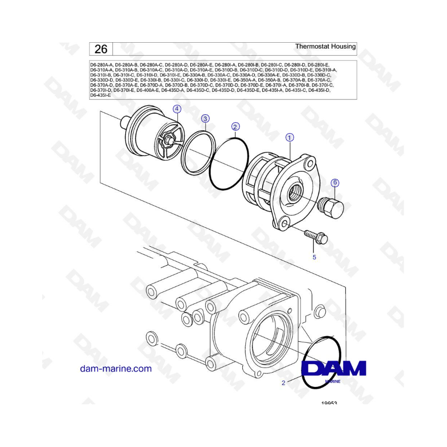 Volvo Penta D6-280 / D6-310 / D6-330 / D6-350 / D6-370 / D6-400 / D6-435 - Thermostat housing